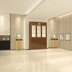 Custom moderna cosmetica rotante parete del pavimento curva illuminata per gioielli mostra vetrina cassa per tutta la lunghezza