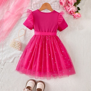 Abito estivo da ragazza a maniche corte in tulle con stelle e inserti a tinta unita per bambine - Product Image 2
