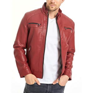 <b>Men</b> Red PU <b>Leather</b> Moto Biker <b>Jacket</b> Zipper Front Stand Collar Slim Fit Solid Color Regular Sleeve Autumn Style - Product Image 1