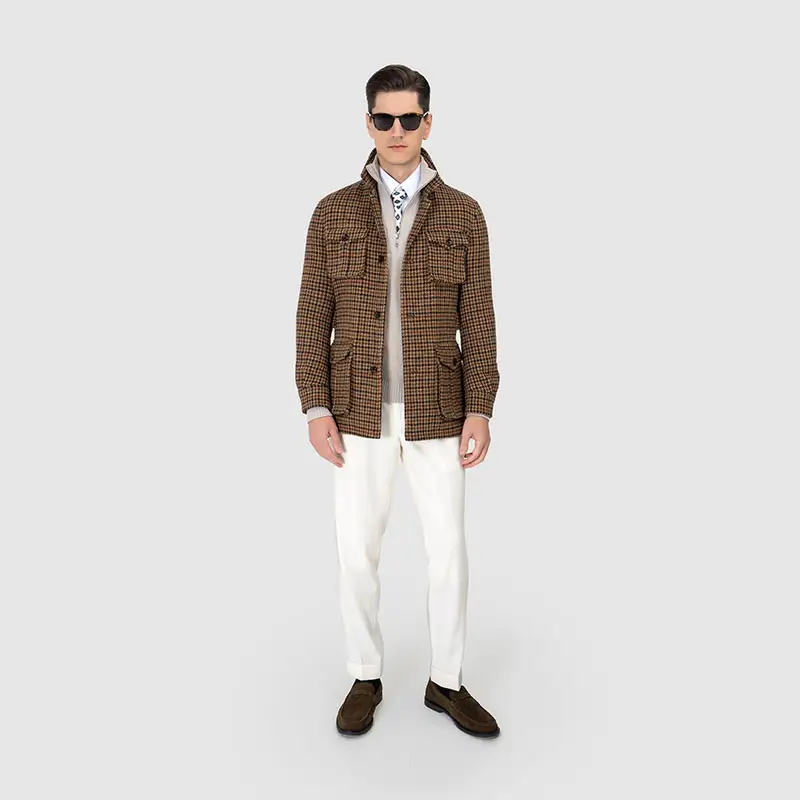 Veste safari MTM tout en laine pour hommes, tenue de chasse à revers vintage, fermeture à glissière, motif uni, teint, approvisionnement ODM, saison printanière