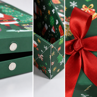 Boîte cadeau pliable de Noël en gros avec fermeture magnétique, nœud en satin, 2 couleurs, 5 tailles, imprimé Père Noël, pour les fêtes, OEM, MOQ 500 pièces