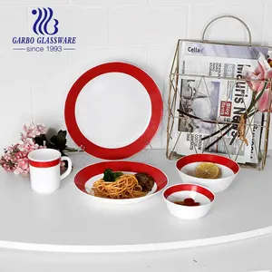 20pcs 33pcs red decal printing tempered white opal glass dish plate salad soup bowl tea mug dinner set