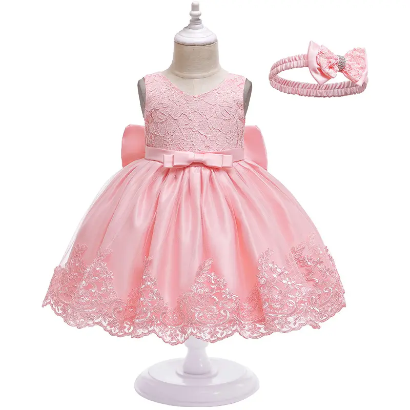 Wholesale Sleeveless Princess Dresses Bow Lace Princess Cake Clothes For Kids Children Flower Girl Dresses With Big Waistband