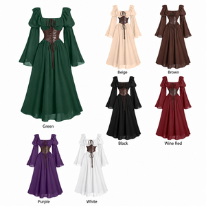 Vestido Medieval Renacentista Vintage para <span class=keywords><strong>Mujer</strong></span>, Cuello Cuadrado, Corsé con Cordones, Mangas Acampanadas, Vestido Largo - Product Image 2