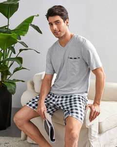 Shorts a quadri e T Shirt a maniche corte morbido Set loungwear con tasche in <span class=keywords><strong>cotone</strong></span> bambù pigiami da notte da <span class=keywords><strong>uomo</strong></span> - Product Image 2