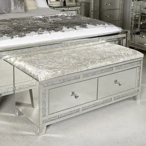 Diamond Glitz Bedroom 2 Drawer Chest Mirrored Velvet Bed End Ottoman Stool Bench with Storage for Bedroom