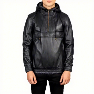 Chaqueta Anorak con Capucha de Cuero Genuino Negro para Hombre, con Media Cremallera y Bolsillos con Solapa, de Piel de Oveja, Estilo Urbano Personalizado, Abrigo de Invierno - Product Image 1