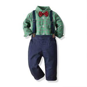 <span class=keywords><strong>Set</strong></span> di Abbigliamento per Bambini con Papillon, Camicia a Quadri a Maniche Lunghe + Pantaloni con Bretelle, 2 Pezzi, Completo da Gentiluomo per Feste - Product Image 4