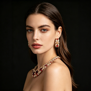 Brass Gold Plated Red Cubic Zirconia Imitation Pearl <b>Statement</b> <b>Necklace</b> Earrings Set for Women Engagement Wedding Gift - Product Image 6