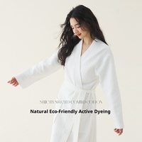 Peignoir de pyjama pour femme 100 % coton tissé, taille élastique, couleur unie, longueur intégrale, col en V, 280 g, avec logo frontal, pour toutes les saisons (automne, hiver, printemps, été)
