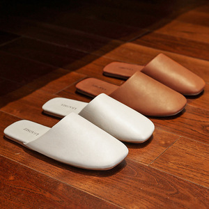 High End Minimalist Italian Style Closed Toe Matte Leather <b>Slippers</b> Couple Non Slip Household Shoes - Product Image 4