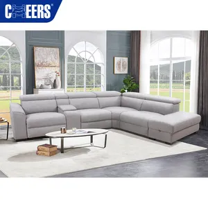 MANWAH CHEERS灰色织物电动可倾斜组合客厅沙发，带搁脚凳和可调节头枕