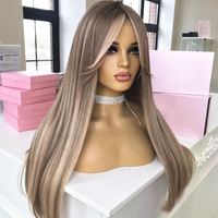 Perruque Lace Frontal Wig HD Invisible, cheveux humains bruts, couleur blond cendré, à reflets, pour femme