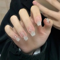 Faux ongles à presser dégradés nude faits à la main, style Pure Desire, avec paillettes et strass amovibles, vente en gros