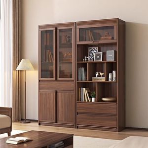 <b>Solid</b> <b>Wood</b> Walnut Bookshelf With Glass Doors Floor Standing Modern Study Room Display Cabinet <b>Bookcase</b> - Product Image 1