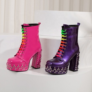 Punk Styles Studs Rivets Women Short <b>Boots</b> High Chunky Heels Shiny Patent Wide Fit Shoes Big Size 48 for Woman - Product Image 6