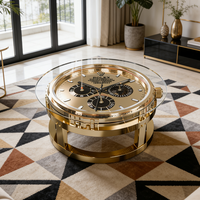 Table basse de luxe moderne en forme de montre dorée, plateau rond en verre fibre de verre, bureau central design pour salon