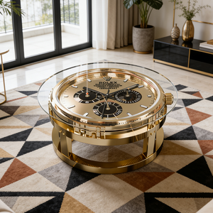 Mesa de Centro Moderna de Lujo con Forma de Reloj de Oro, Tapa Redonda de Vidrio y Fibra de Vidrio, Diseño de Escritorio para Sala de Estar - Product Image 4