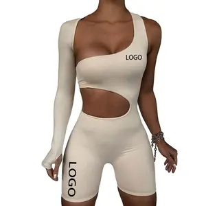 Ropa con logotipo personalizado para mujer, monos transpirables de un hombro, traje de salto de manga larga para niña, conjuntos cortos lisos sólidos para mujer