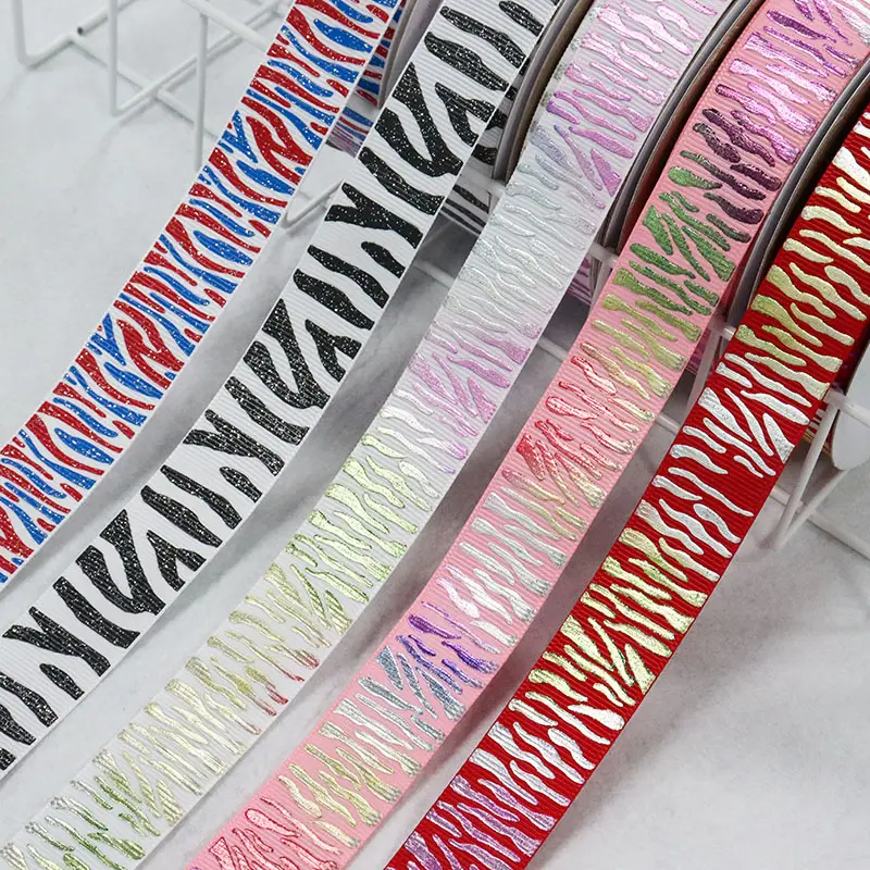 Atacado Grosgrain Glitter Ribbon Custom Zebra-stripe Impresso Webbing Rainbow Foil Impresso Pelo Rolo