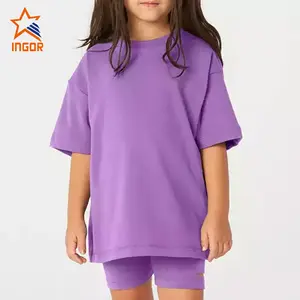 リトルガールズブランクコットン特大Tシャツサイクリング幼児ストリートウェアツーピースTシャツショーツ子供服バイクショートセット