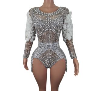 Vestidos de Baile Latino de Salón para Mujer, Estilo <span class=keywords><strong>Beyoncé</strong></span>, Super Sexy, con Perlas de Nailon, Pedrería, Flores y Elástico - Product Image 4