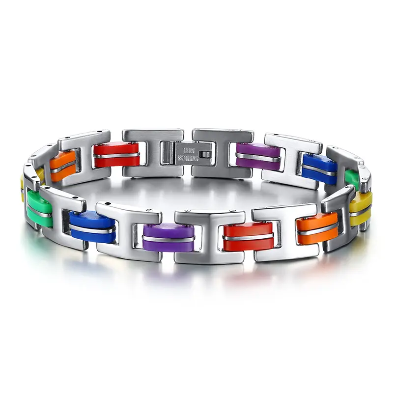 Pulseira de silicone unissex, pulseira com corrente de arco-íris real, bracelete de aço inoxidável 316l para homens e mulheres, fg00111