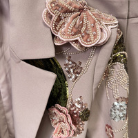 Ensemble Blazer Luxe Rose Clair Brodé de Perles avec Appliques Fleurs 3D, Veste Manches Longues et Pantalon Large, Tenue de Soirée Formelle pour Femme