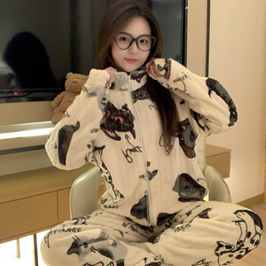 Ensembles de vêtements de nuit <span class=keywords><strong>hiver</strong></span> épaissi 260g flanelle pyjamas femmes mignon dessin animé col haut velours fermeture éclair ensemble décontracté - Product Image 5