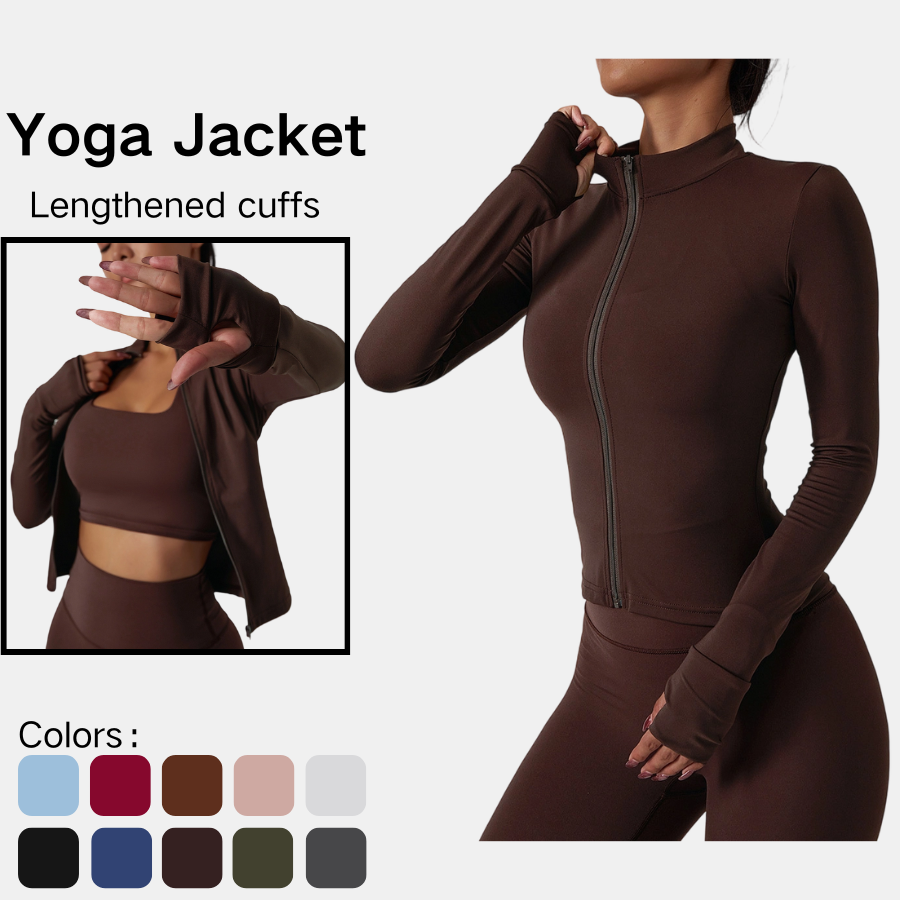 Women Yoga Jacket Long Sleeve Zip up Stand Collar Workout Top Thumb Hole Cuffs Slim Fit Breathable Gym Fitness Sportswear