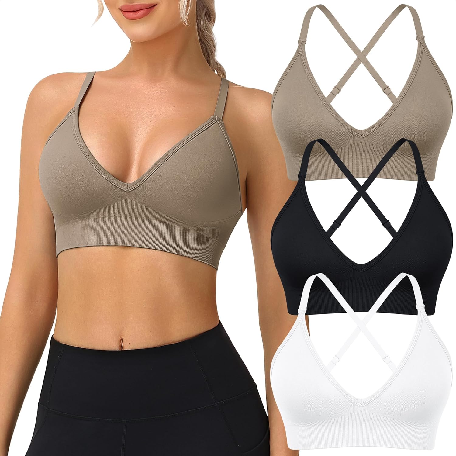 Sports Bras For Women Deep V Neck Criss Cross Back Padded Adjustable Spaghetti Strap Yoga Fitness Bralettes 3 Pack