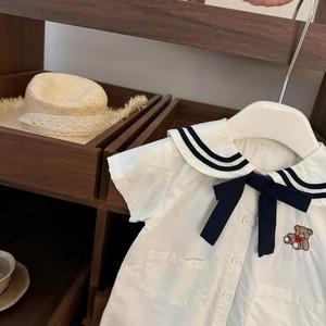 Child Star Circle Baby Girls Short Sleeve Sailor Collar Shirt With Bear Bow Breathable Summer Top - Product Image 3