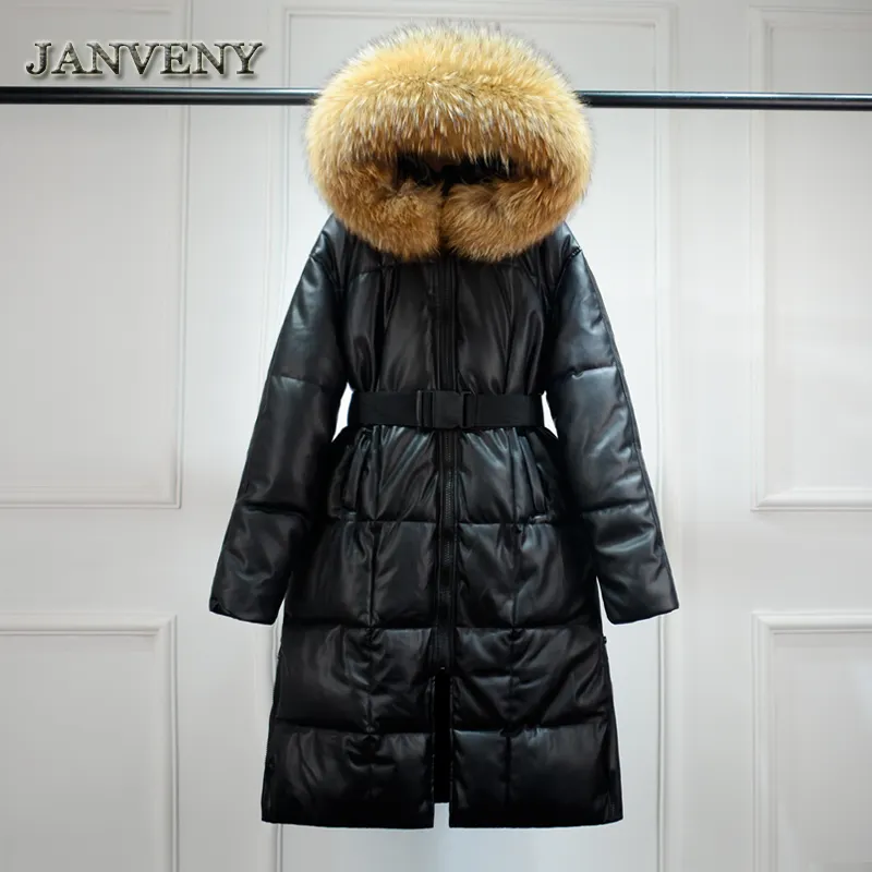 JANVENY New Winter Real Raccoon Fur Hooded Pu Parka Women Tie Belt Jacket Waterproof Slim Over The Knee Faux Leather Cotton Coat