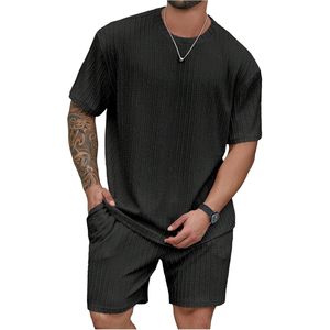 Conjunto de camiseta y pantalones cortos con hombros caídos y textura para hombre, atuendos casuales de verano, transpirables, para tallas grandes y altas. - Product Image 1