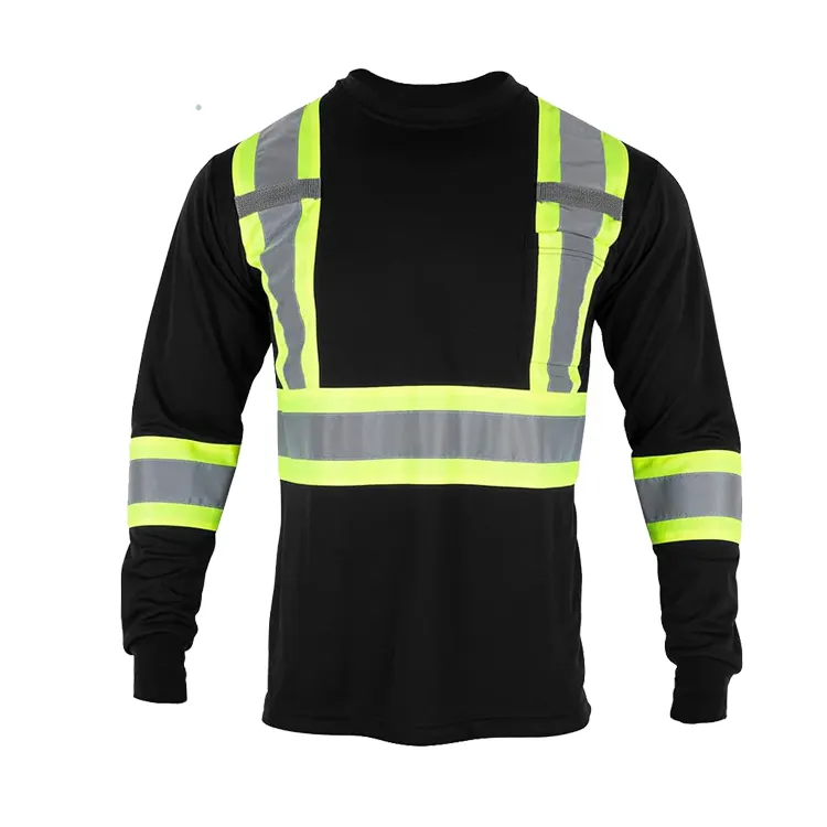 High Vis segurança trabalho T camisa dos homens ANSI classe 2 preto reflexivo camisa de manga comprida com bolso
