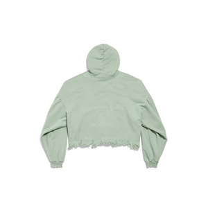 Sudadera con capucha para hombre de algodón 100% de alto gramaje, estilo streetwear, con dobladillo sin rematar, lavado ácido, tipo pullover, corta, desgastada y de corte holgado - Product Image 2