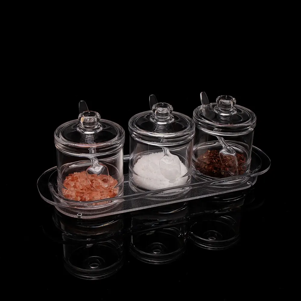 3-piece Set Seasoning Box, Clear Acrylic Spice Pots Storage Container Jars With Spoons and tray