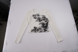Haut court rétro américain à col rond en maille texturée à imprimé floral, coupe ajustée et cintrée à la taille, style Hot Girl - Product Image 6