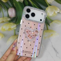 Coque de téléphone tendance à pois laser, avec strass en forme de cœur 3D effet pierre concassée et cadre d'appareil photo, pour iPhone 11 12 13 14 15 16 17 18, pour commande en gros