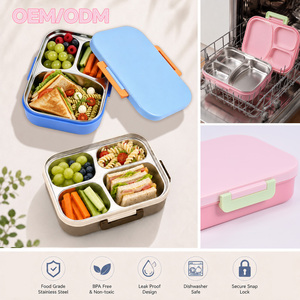 Boîte à lunch bento en acier inoxydable, 4 compartiments, anti-fuite, compatible lave-vaisselle, couvercle amovible en plastique, design rectangulaire mignon pour tous - Product Image 3