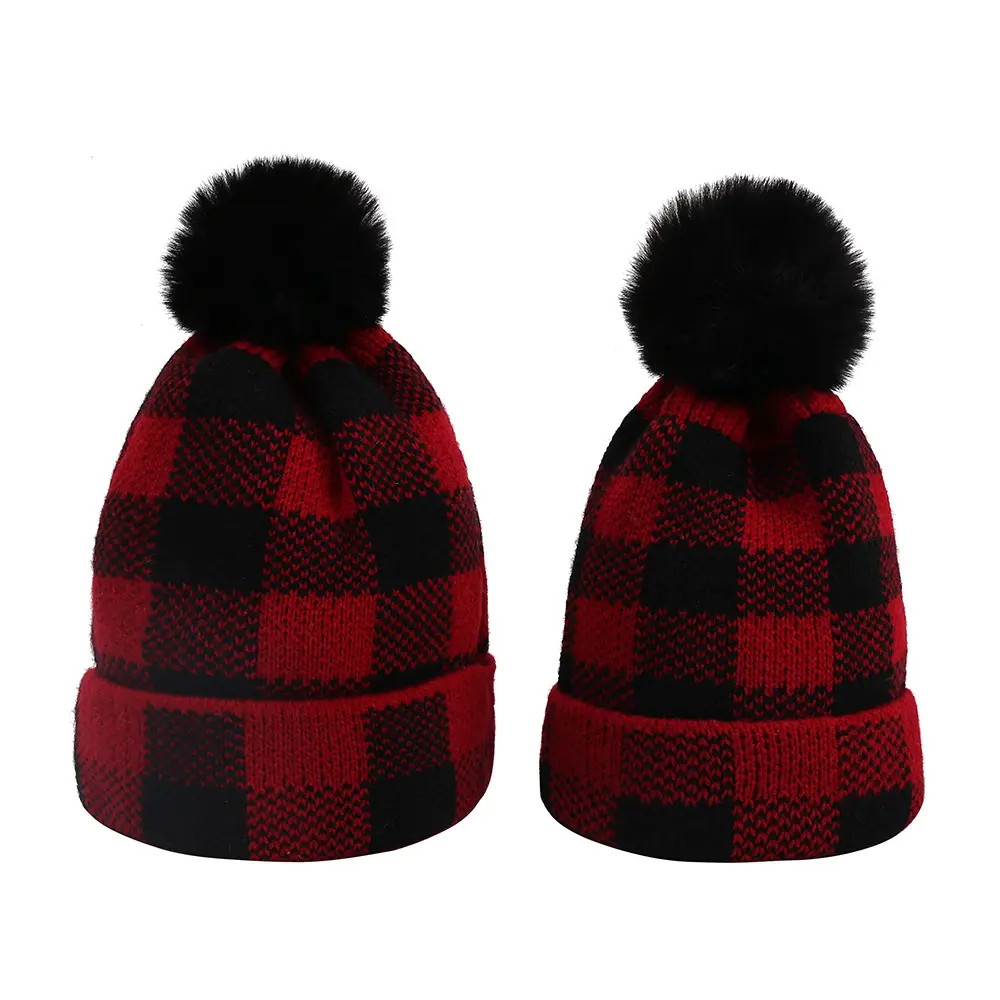 Christmas Acrylic warm mom and me Knit red buffalo plaid hats winter holiday adult baby family matching hats