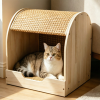Maison pour chat multifonctionnelle en bois massif courbé avec tapis rafraîchissant en rotin, lit-caverne d'intérieur quatre saisons, modèle M02 fabriqué au Jiangxi