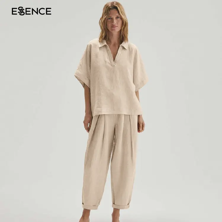 Women V Neck Nightwear Khaki Short Sleeve Cotton Linen Light Loose And Comfortable Pajamas Two Piece Set Loungewear