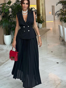 Yaz İndirimleri Yeni Stil Moda Kadın 2 Parça V Yaka Yelek Bluz Pilili Etek Günlük Takım - Product Image 4