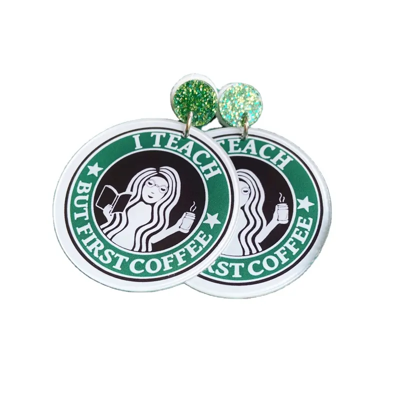 Green Coffee Pattern Design Custom Fashion Designer Earrings Round Acrylic Earring