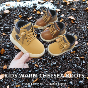 Bottes Chelsea pour enfants 2026 Hiver à lacets doublées polaire respirantes semelle intermédiaire en PVC unisexe bottines chaudes en cuir véritable - Product Image 2