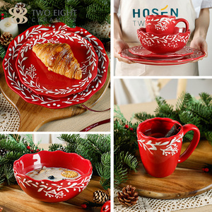 Red Flower Rim Design 16 Pcs Christmas Dinnerware Set for 4 Person Hote Sale Porcelain Plate Set <strong>Dinnware</strong> Ceramic Dish Plate Set - Product Image 5