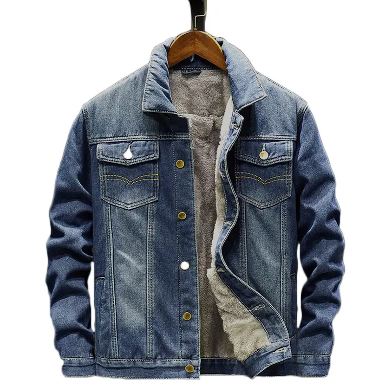 Winter Windproof Warm Casual Men'S Jean Jacket Plush Thick Lapel Washed Stylish Denim Jacket For Men