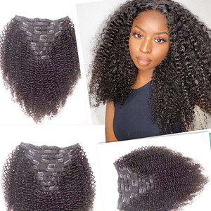 Raw virgen indio <span class=keywords><strong>Afro</strong></span> 3A <span class=keywords><strong>3B</strong></span> 3C 4A 4B 4C rizado recto cutícula alineada virgen humano Clip en extensiones de cabello - Product Image 1