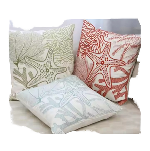 HY Ventes chaudes en gros, <span class=keywords><strong>housse</strong></span> <span class=keywords><strong>de</strong></span> coussin en toile <span class=keywords><strong>de</strong></span> polyester brodée <span class=keywords><strong>de</strong></span> corail et d'étoiles <span class=keywords><strong>de</strong></span> mer, coussin décoratif pour la maison, housses <span class=keywords><strong>de</strong></span> coussin pour canapé - Product Image 1